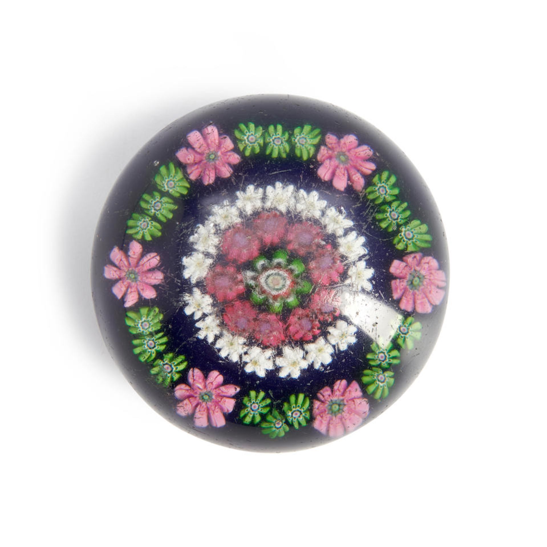 CLICHY PATTERNED MILLEFIORI GLASS PAPERWEIGHT, France, mid-19th century, ht. 2, dia. 2 1/4 in.