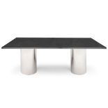 MID-CENTURY MODERN CHROME AND STONE DINING TABLE, c. 1960, black granite, steel frame with chrom...