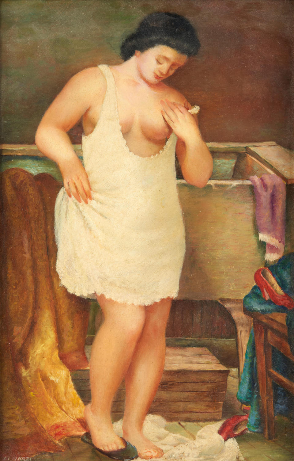 JOSEPH LIMARZI (B. 1907) PAINTING OF A WOMAN IN A DRESSING GOWN, oil on Masonite, signed l.l., i...