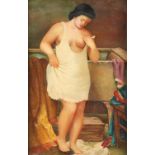 JOSEPH LIMARZI (B. 1907) PAINTING OF A WOMAN IN A DRESSING GOWN, oil on Masonite, signed l.l., i...