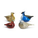 FOUR OIVA TOIKKA FOR IITTALA GLASS BIRDS, Finland, late 20th/early 21st century, blue jay, acid-...