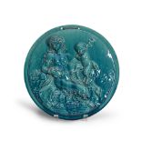 BURMANTOFTS TURQUOISE-GLAZED FIGURAL WALL PLAQUE AFTER CLODION, England, late 19th century, sign...