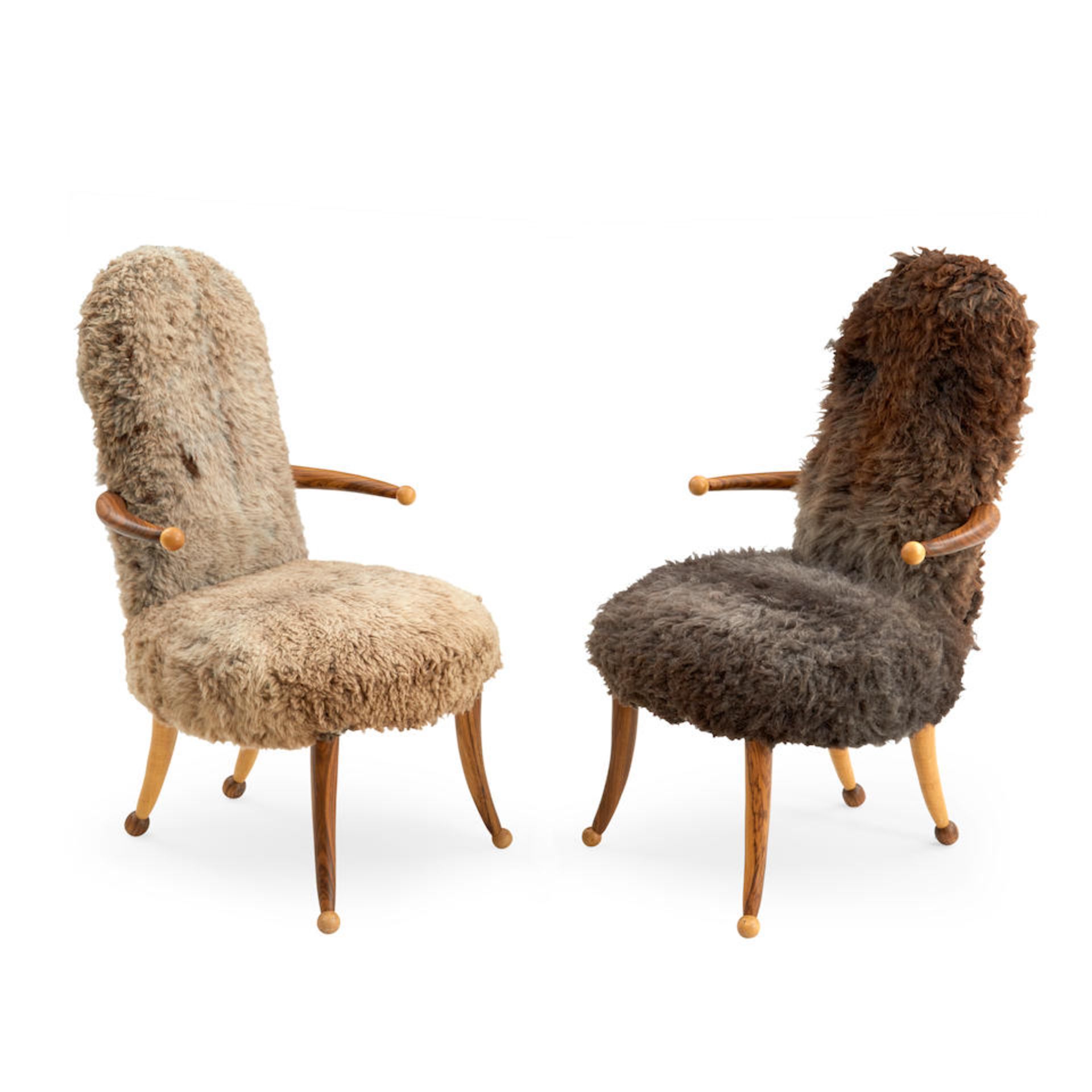 PAIR OF TOMMY SIMPSON (B.1939) ARMCHAIRS, United States, c. 2000, mixed hardwoods, sheep skin, u... - Image 3 of 3
