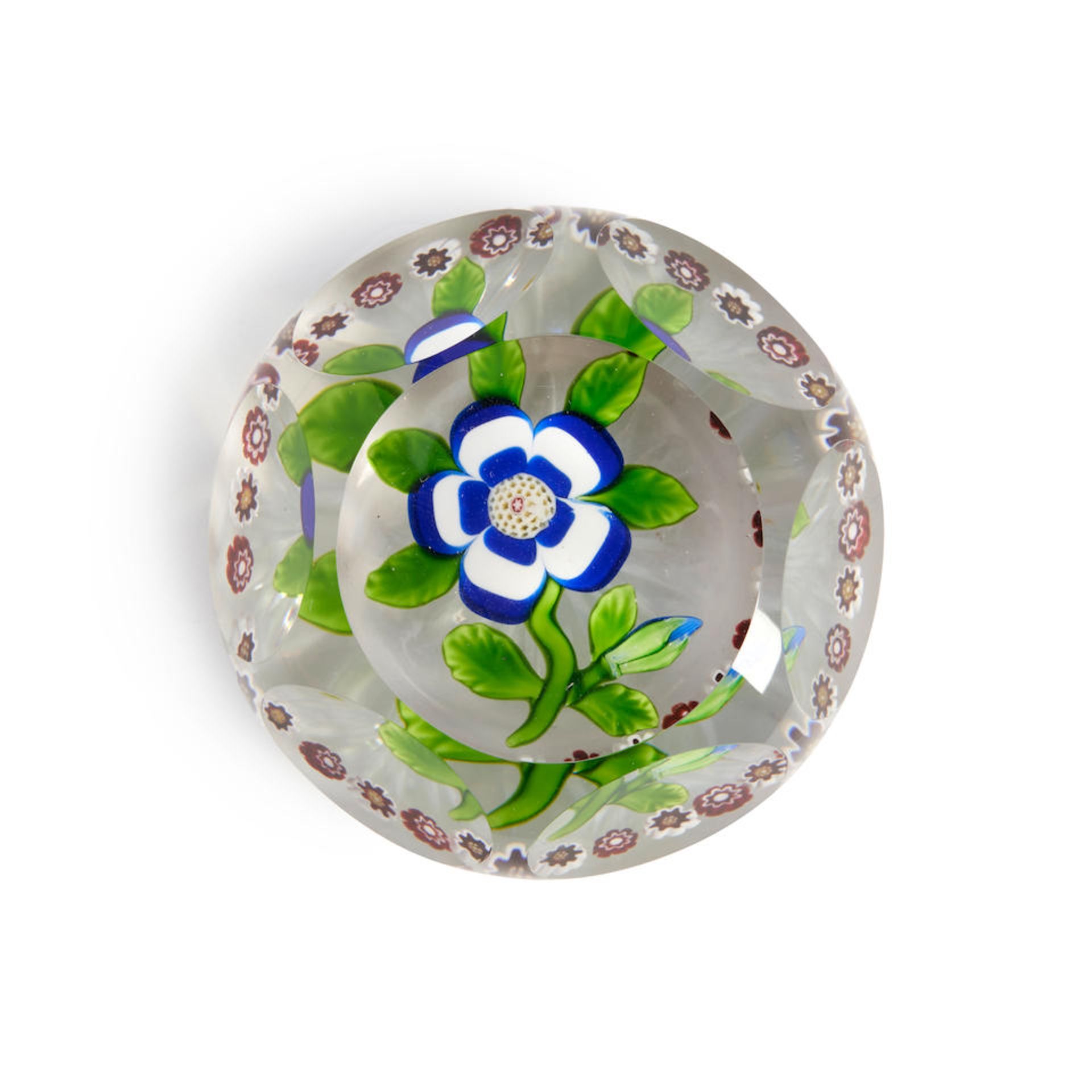 BACCARAT FACETED GARLANDED BLUE AND WHITE BUTTERCUP GLASS PAPERWEIGHT, France, ht. 1 1/2, dia. 2...