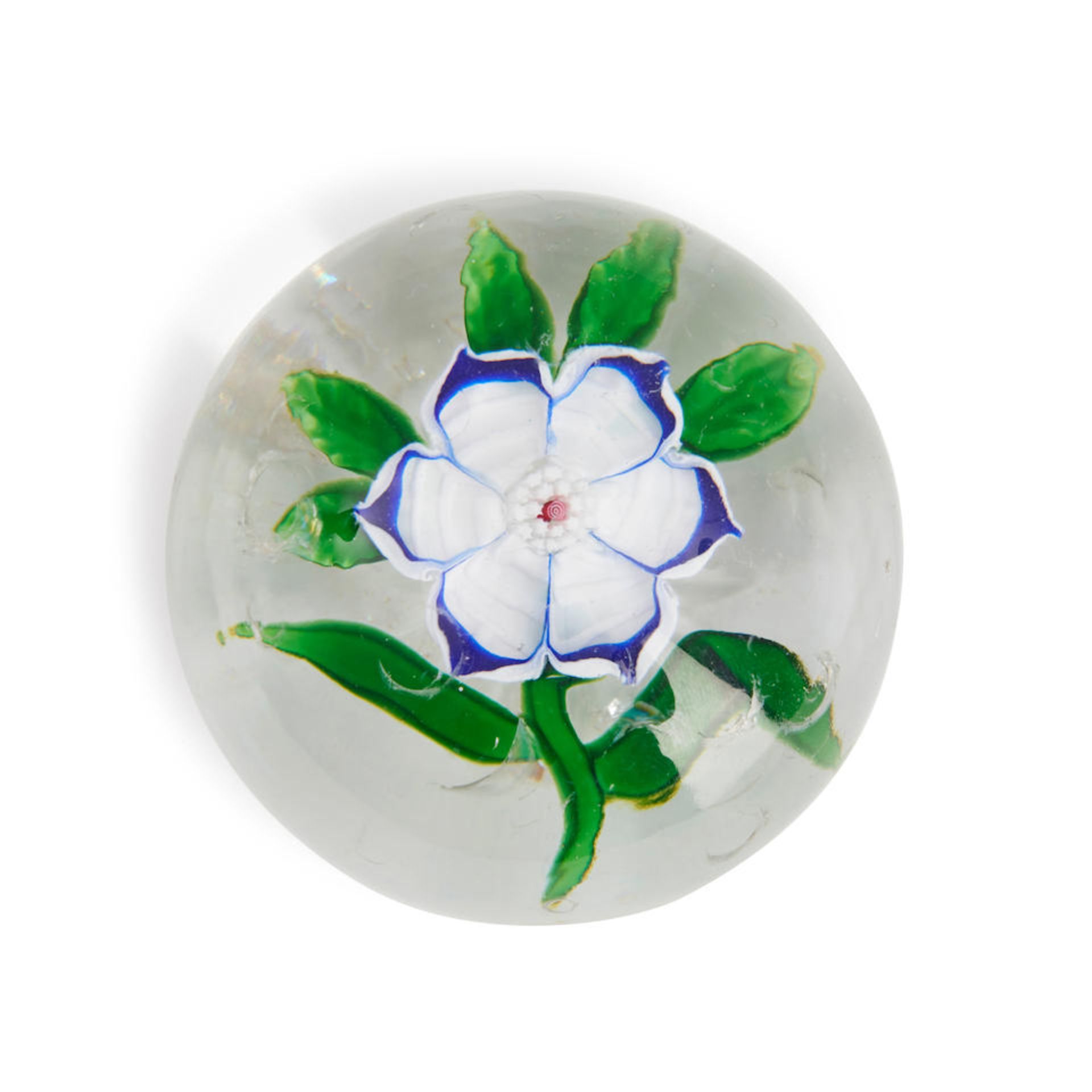 FRENCH GLASS PAPERWEIGHT WITH A SINGLE FLOWER, ht. 1 3/4, dia. 2 1/2 in.