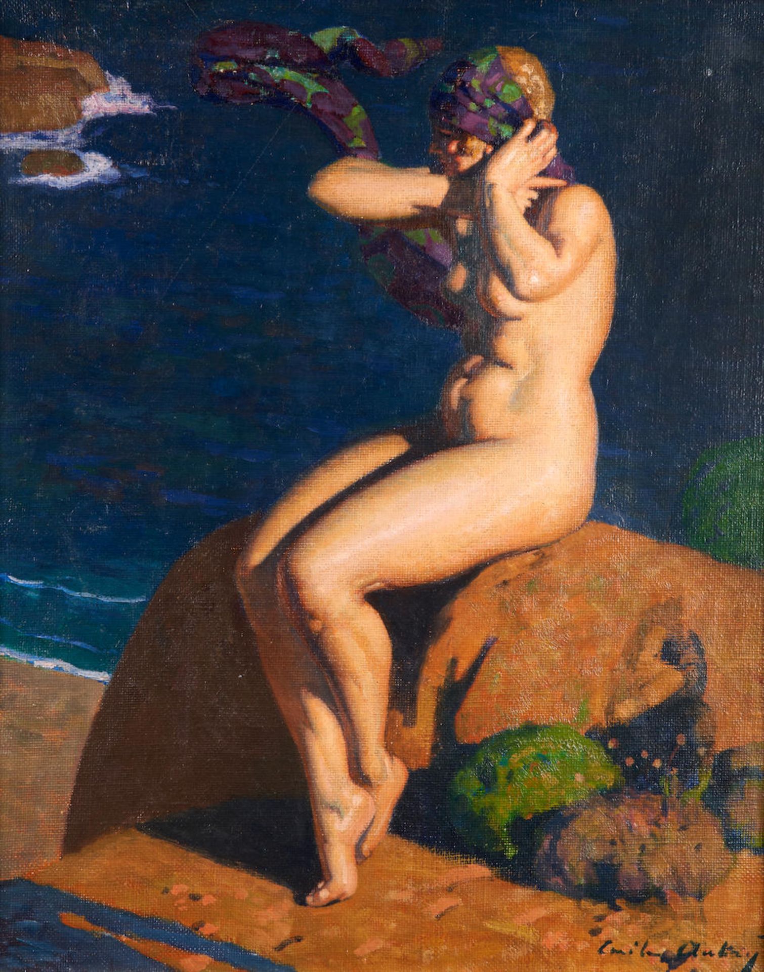 FRENCH SCHOOL PAINTING DEPICTING A NUDE WOMAN WITH HEADSCARF, early 20th century, oil on canvas,...