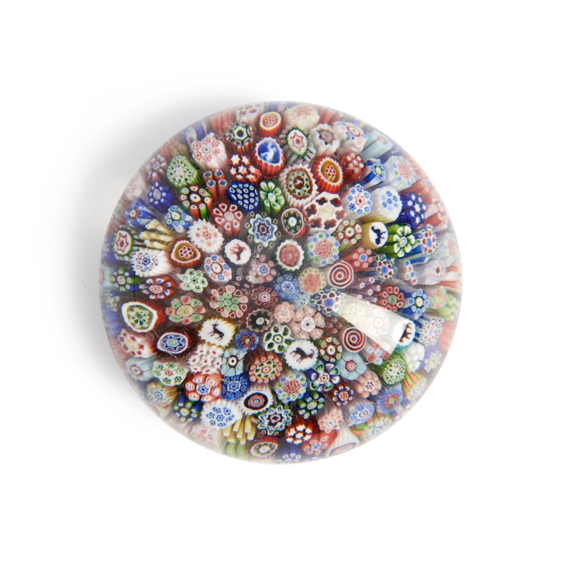 BACCARAT CLOSE-PACKED MILLEFIORI GLASS PAPERWEIGHT, France, date 1848, several silhouette canes,...