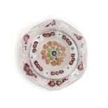 FRENCH FACETED GLASS PAPERWEIGHT WITH MILLEFIORI CIRCLES, ht. 1 1/2, dia. 2 1/4 in.