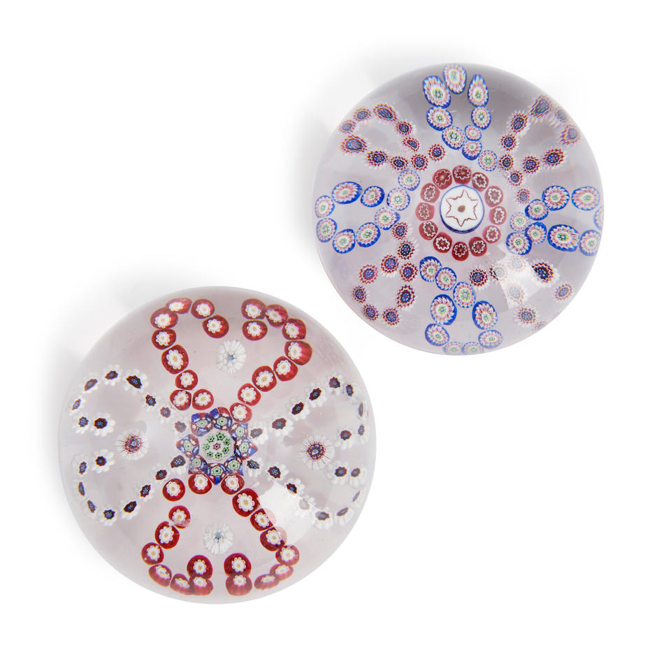 TWO PATTERNED MILLEFIORI GLASS PAPERWEIGHTS, France, paperweight with heart-shaped garlands, ht....