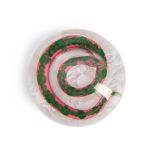 BACCARAT COILED SNAKE GLASS PAPERWEIGHT, France, pink and green snake on upset muslin ground, ht...