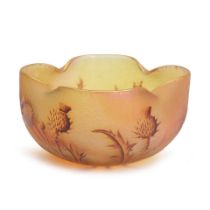 DAUM GLASS BOWL WITH ENAMELED THISTLES, Nancy, France, c. 1895, painted mark 'Daum Nancy' and Cr...