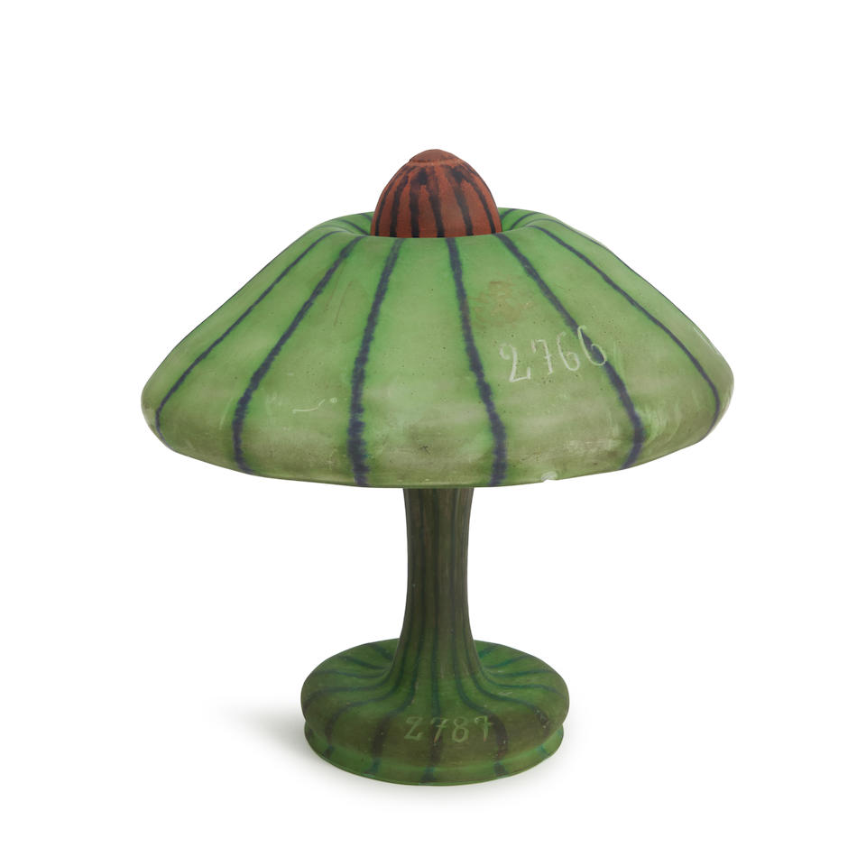 DAUM EXPERIMENTAL GLASS TABLE LAMP BASE AND SHADE, Nancy, France, c. 1910, shade, incised mark '...