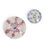 TWO FRENCH PATTERNED MILLEFIORI ON TEXTURED GROUNDS GLASS PAPERWEIGHTS, dia. 2 and 1 1/2 in.