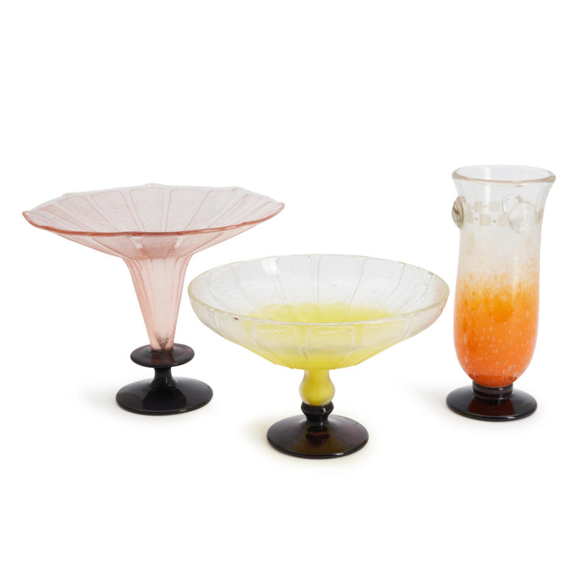 THREE CHARLES SCHNEIDER LE VERRE FRANCAIS GLASS ITEMS, France, c. 1925, all with acid-etched mar...