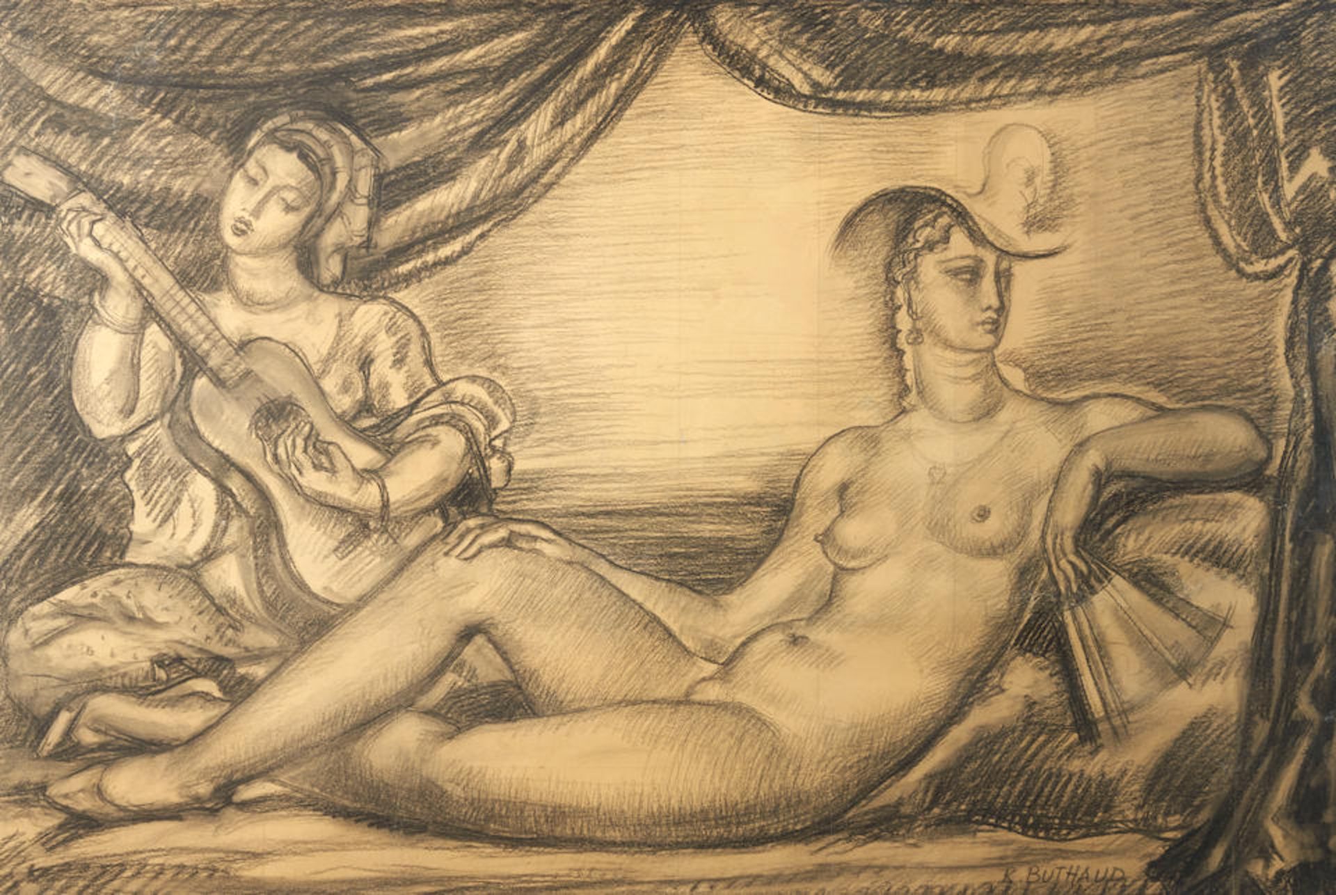 RENE BUTHAUD (1886-1986) STUDY DEPICTING A RECLINING NUDE, France, c. 1935, charcoal and graphit...