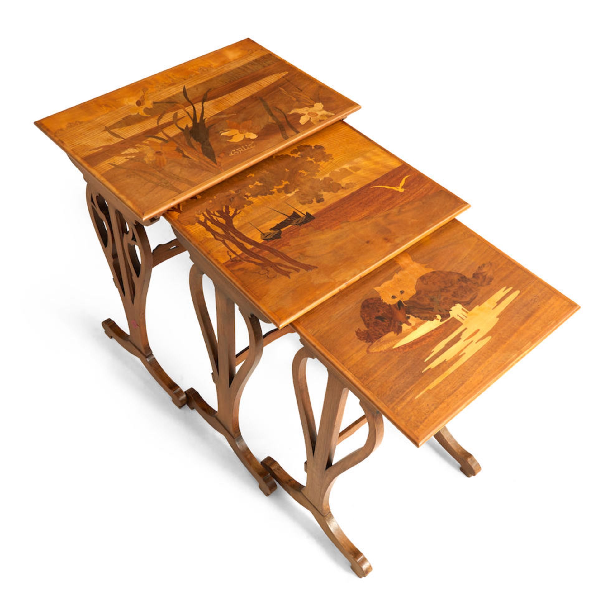 THREE GALLE MARQUETRY-INLAID NESTING TABLES, Nancy, France, c. 1900, inlayed mark 'Galle,' marqu...