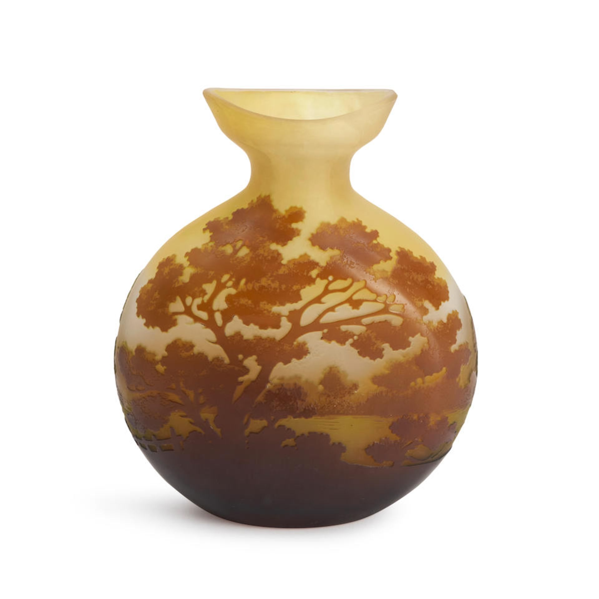 GALLE CAMEO GLASS LANDSCAPE VASE, France, early 20th century, cameo mark 'Galle,' ht. 5 1/2 in.