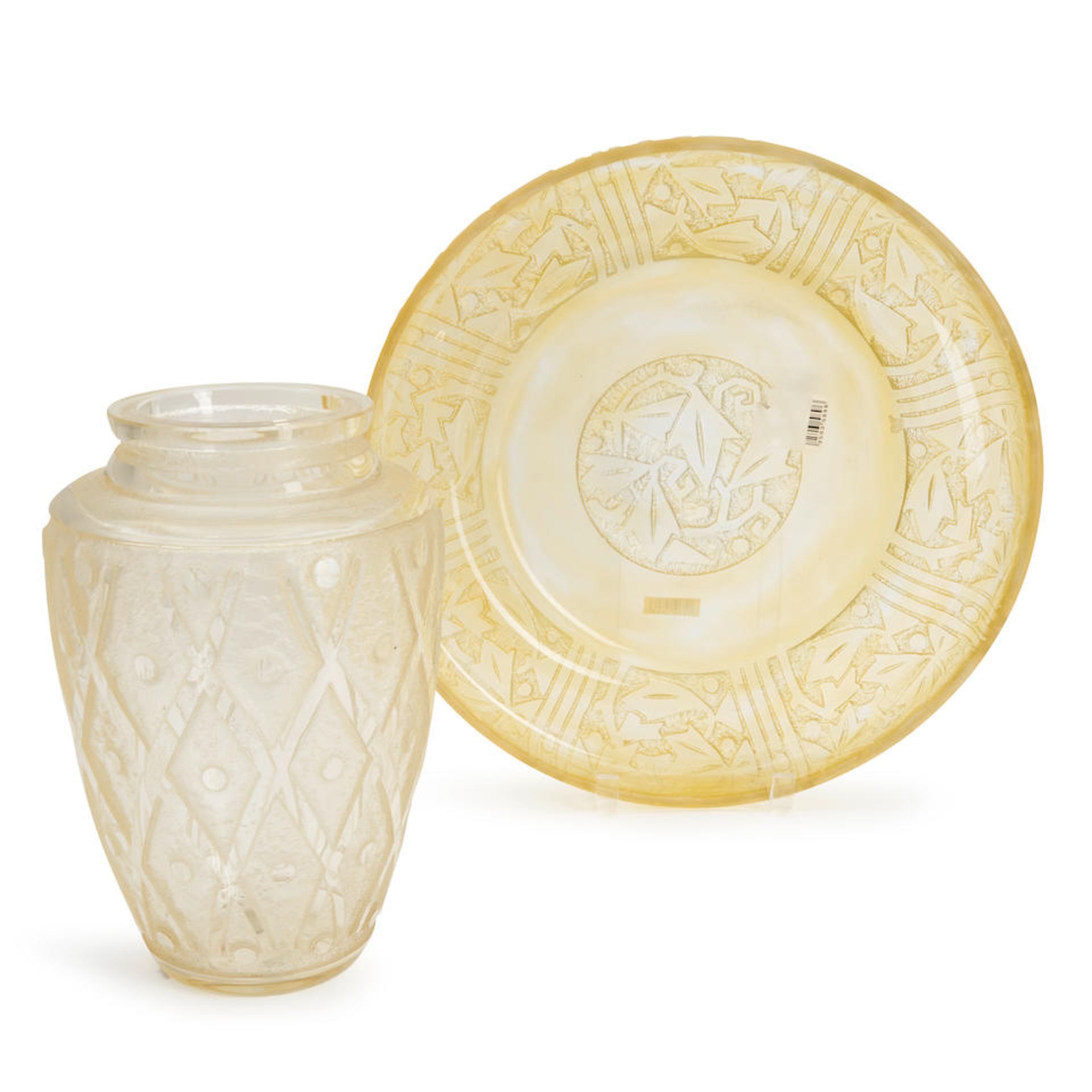 DAUM ART DECO ACID-ETCHED GLASS VASE AND CENTER BOWL, Nancy, France, c. 1930, center bowl, incis...