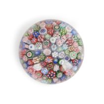 FRENCH MILLEFIORI CLOSE-PACK GLASS PAPERWEIGHT, ht. 1, dia. 1 7/8 in.