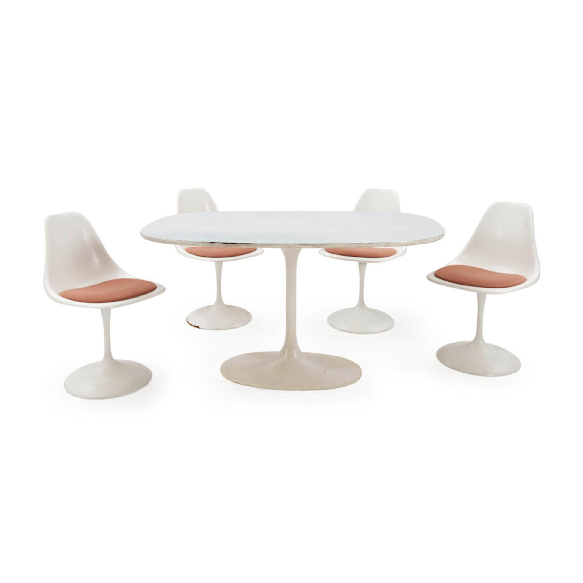 MID-CENTURY MODERN TULIP TABLE AND FOUR SWIVEL CHAIRS, United States, c. 1970, chairs, enameled ...