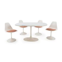 MID-CENTURY MODERN TULIP TABLE AND FOUR SWIVEL CHAIRS, United States, c. 1970, chairs, enameled ...