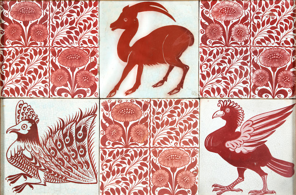 SIX WILLIAM DE MORGAN RED LUSTRE TILES DEPICTING BIRDS AND FLOWERS, England, late 19th century, ...