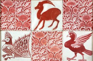 SIX WILLIAM DE MORGAN RED LUSTRE TILES DEPICTING BIRDS AND FLOWERS, England, late 19th century, ...