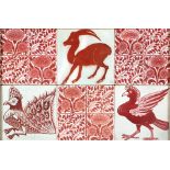 SIX WILLIAM DE MORGAN RED LUSTRE TILES DEPICTING BIRDS AND FLOWERS, England, late 19th century, ...