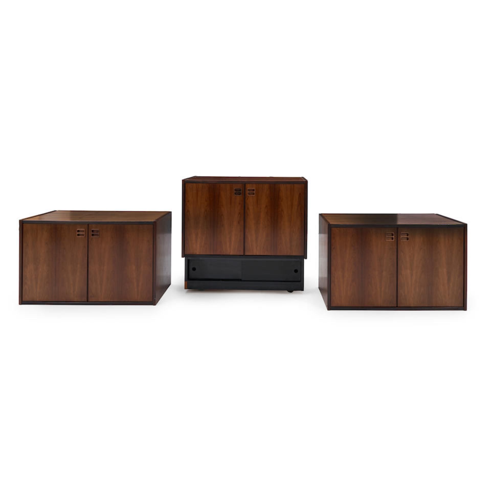 THREE MID-CENTURY MODERN CABINETS, probably Denmark, c. 1970, rosewood veneer, unmarked, two han...