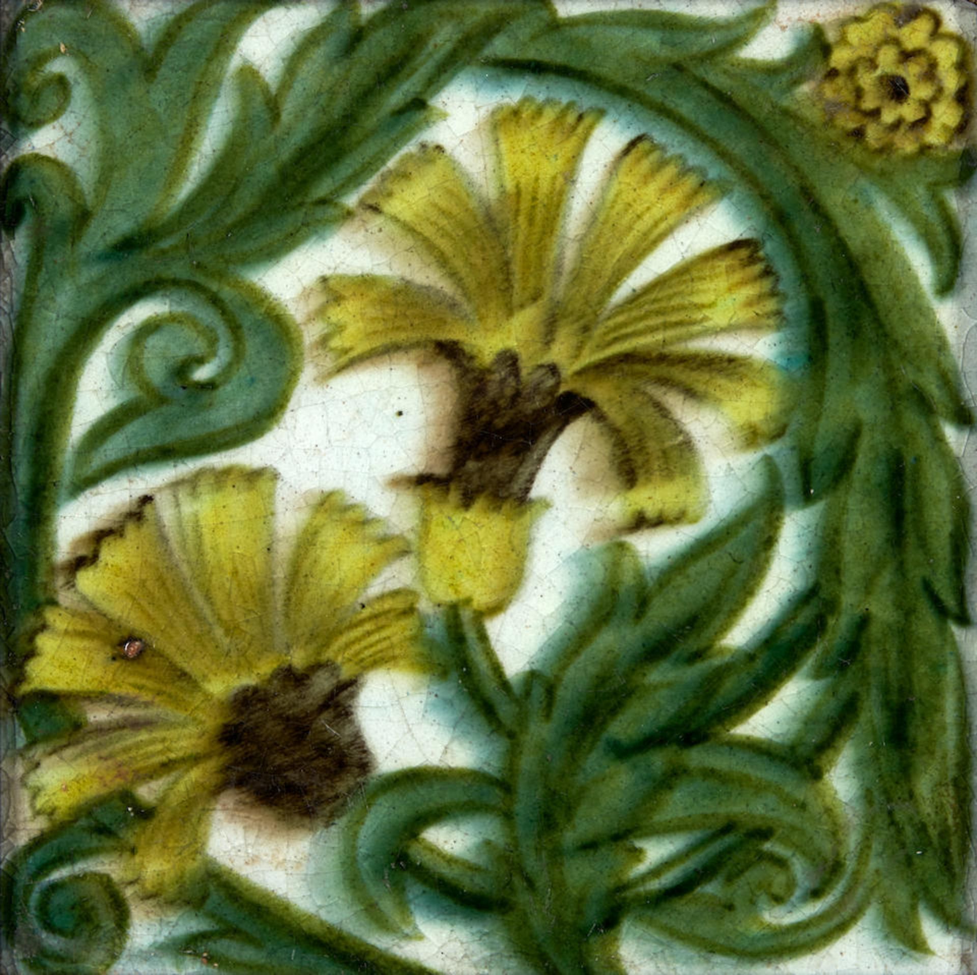 THREE WILLIAM DE MORGAN FLORAL TILES, England, late 19th century, tile with yellow carnations w... - Image 5 of 5