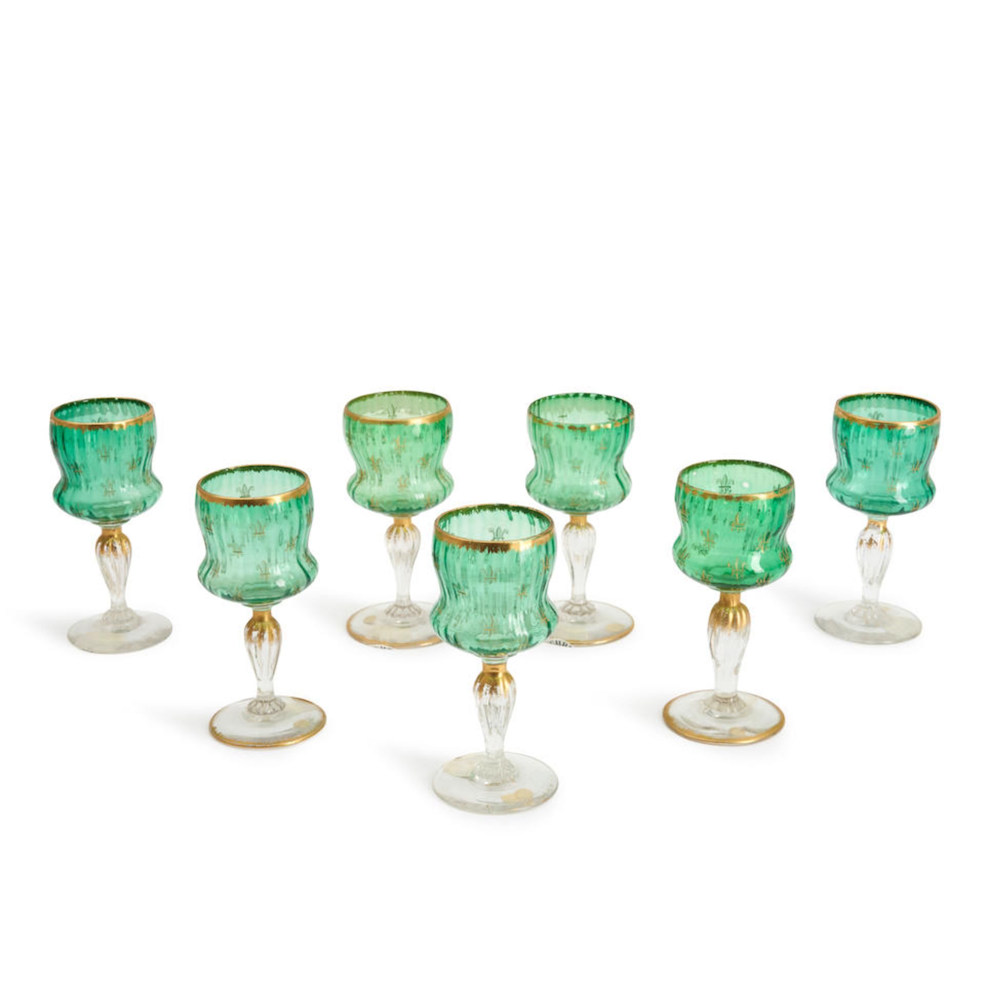 SEVEN DAUM ENGRAVED AND GILT GLASS CORDIAL GLASSES, Nancy, France, c. 1895, gilt paint mark 'Dau...