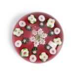 CLICHY RUBY-GROUND PATTERNED MILLEFIORI GLASS PAPERWEIGHT, France, ht. 2, dia. 3 in.