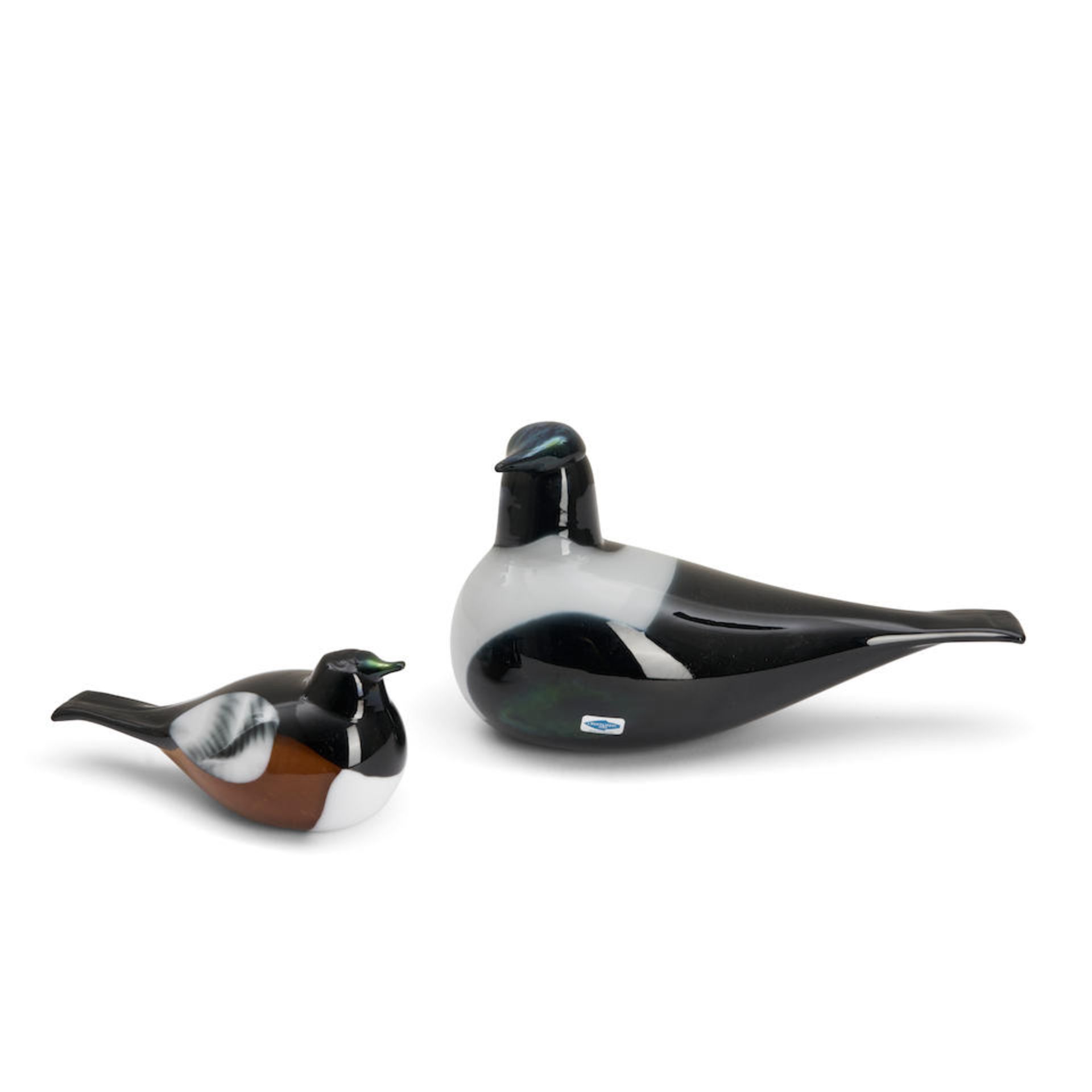 TWO OIVA TOIKKA FOR IITTALA GLASS BIRDS, Finland, late 20th/early 21st century, magpie, incised ...