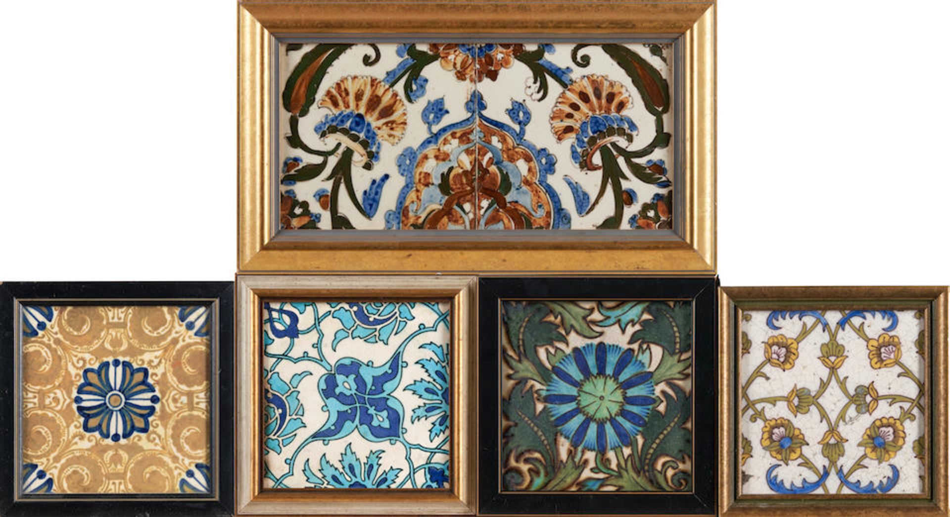 SIX FLORAL TILES, England and Europe, c. 1900, two-tile panel, Hague, Rozenburg, maker's mark, t...