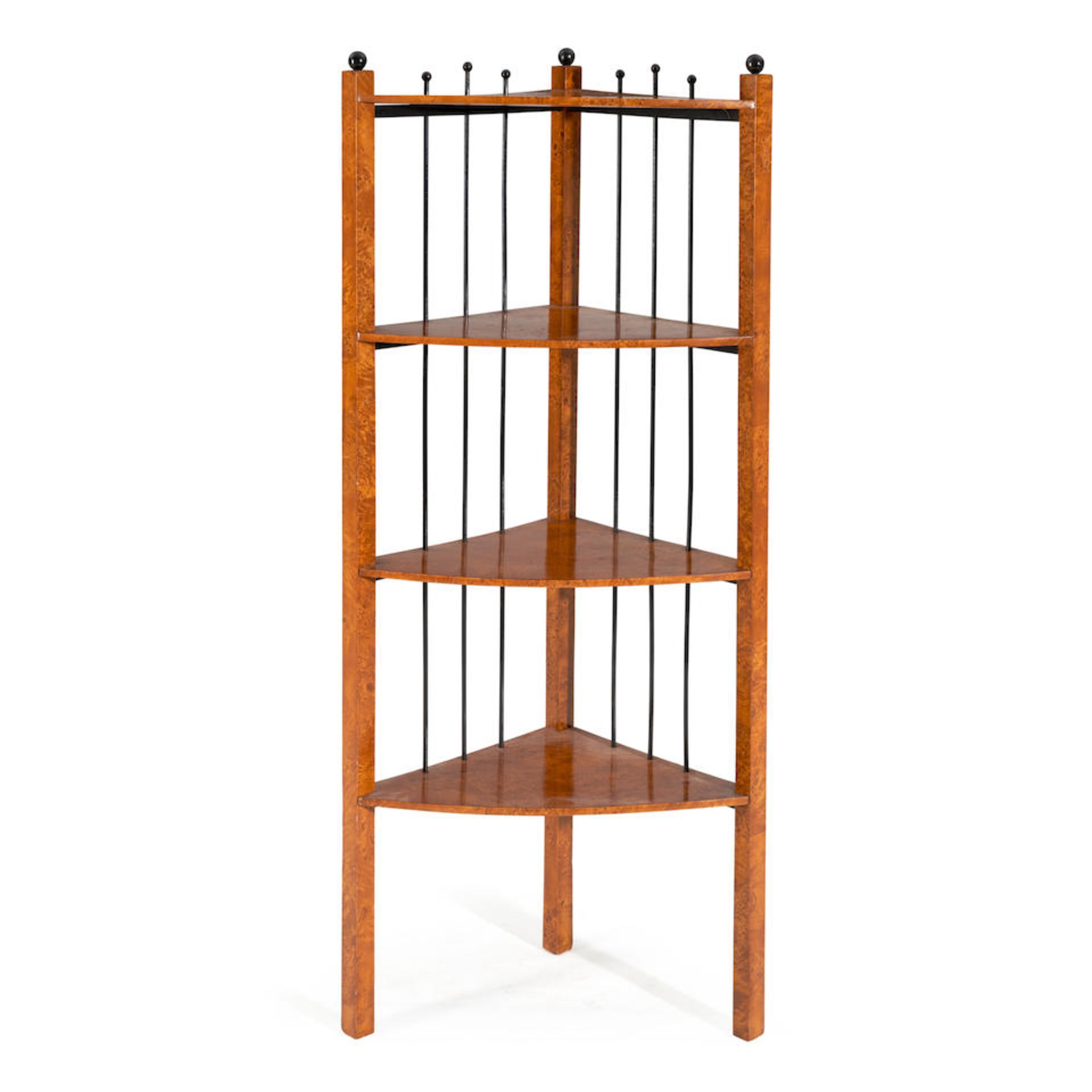 AUSTRIAN BIEDERMEIER-STYLE BURLED AND PAINTED WOOD CORNER ETAGERE, circa 1920, unmarked, ht. 58 ...