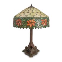 HANDEL BRONZE TABLE LAMP WITH MOSAIC GLASS SHADE, Meriden, Connecticut, c. 1920, base with griff...