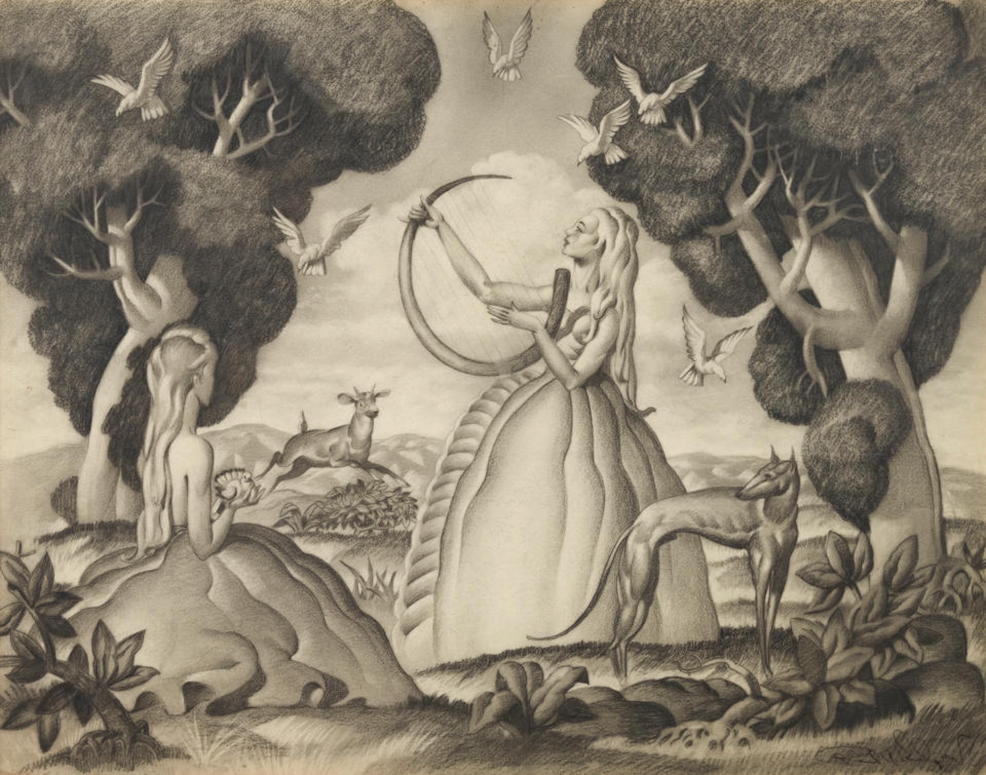CHARCOAL DRAWING DEPICTING A WOMAN PLAYING A LYRE IN A LANDSCAPE, c. 1935, charcoal and graphite...