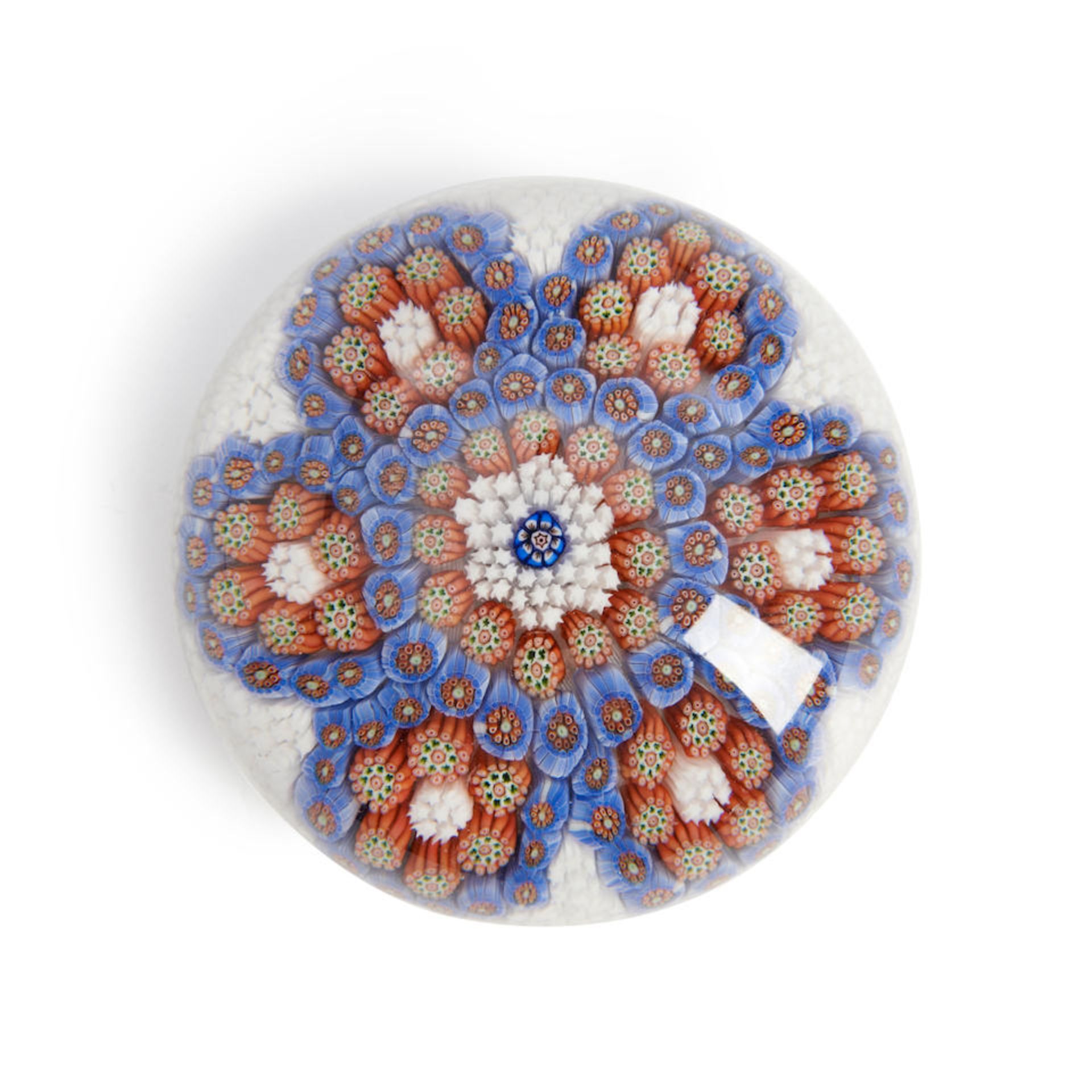 BACCARAT STARDUST CARPET-GROUND MILLEFIORI GLASS PAPERWEIGHT, France, blue garland enclosing cir...