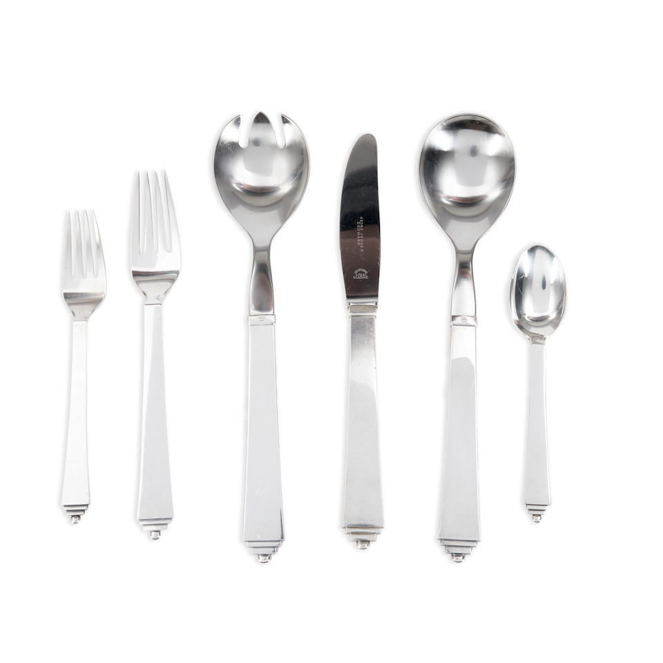 HARALD NIELSEN FOR GEORG JENSEN 'PYRAMID' STERLING SILVER FLATWARE SERVICE FOR TEN, Denmark, des...