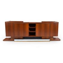 FRENCH ART DECO CREDENZA, c. 1930, walnut veneer, walnut, brass, mirror glass, unmarked, ht. 37,...