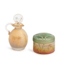 DAUM ACID-ETCHED AND GILT-DECORATED GLASS CRUET AND BOX, Nancy, France. c. 1895, both with gilt ...