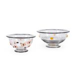 TWO DAUM GLASS BOWLS WITH APPLIED BLACK, ORANGE, AND YELLOW DECORATION, Nancy, France, c. 1920, ...