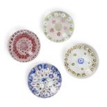 FOUR PATTERNED MILLEFIORI GLASS PAPERWEIGHTS, paperweight with red and white concentric circles,...
