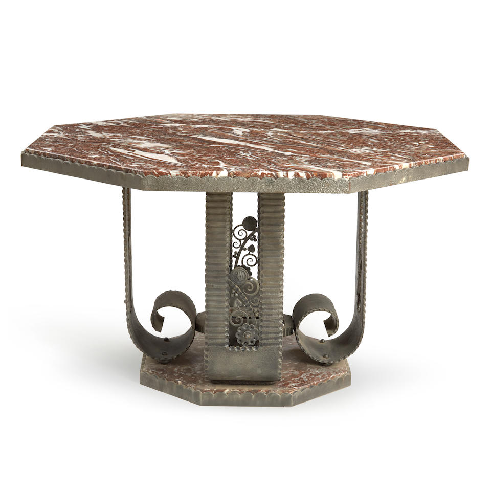 ART DECO-STYLE MARBLE AND CAST IRON OCTAGONAL CENTER TABLE, second half of the 20th century, ros...
