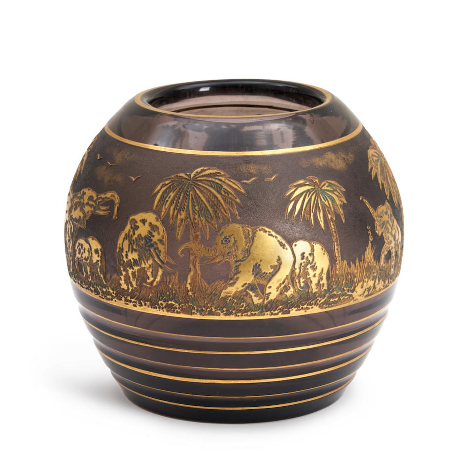 RUDOLF WELS FOR MOSER KARLSBAD ACID-ETCHED GLASS 'ANIMOR' VASE WITH ELEPHANTS, C. 1925, undersid...