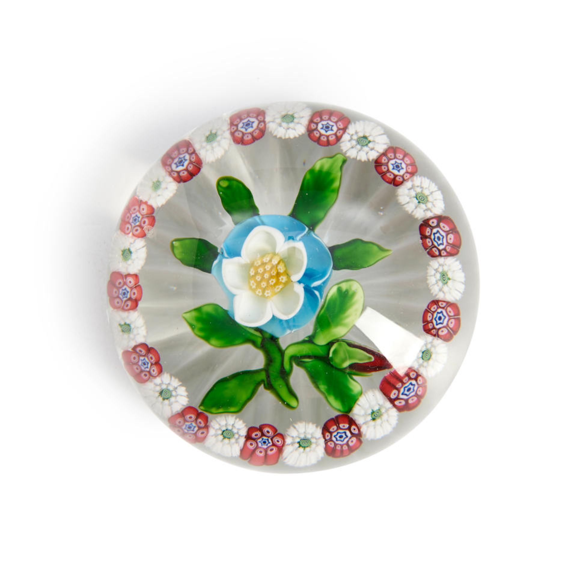 BACCARAT GARLANDED TURQUOISE BUTTERCUP GLASS PAPERWEIGHT, France, ht. 2, dia. 2 3/4 in.