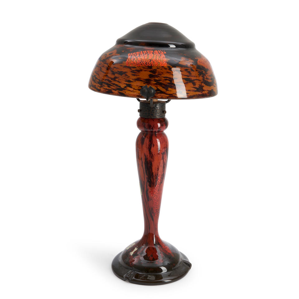 DAUM GLASS TABLE LAMP WITH GOLD FOIL DECORATION, Nancy, France, c. 1920, two candelabra sockets,...