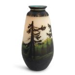 MULLER FRERES CAMEO GLASS VASE WITH DEER AND SPRUCE TREES, Luneville, France, c. 1920, cameo mar...