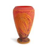DAUM CAMEO GLASS VASE WITH CHRSYANTHEMUMS ON RED GROUND, Nancy, France, c. 1925, wheel-engraved...