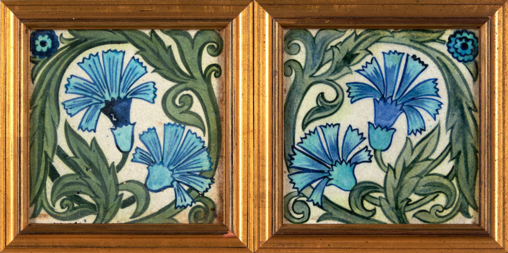 TWO WILLIAM DE MORGAN 'CARNATION' TILES, England, late 19th/early 20th century, on red clay Arch...